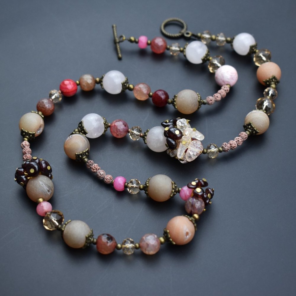 Dusty pink bead necklace, long aromatherapy necklace with lava beads